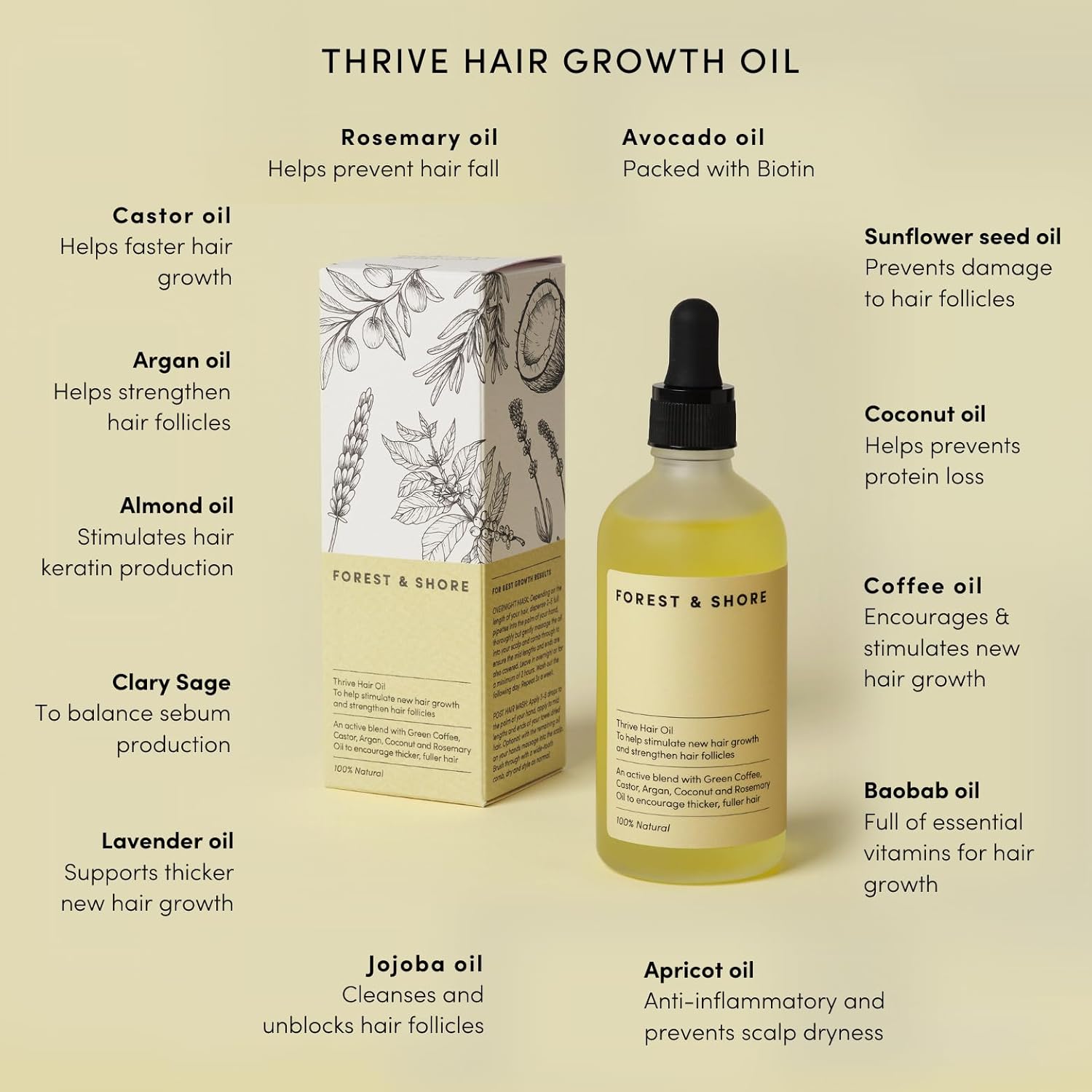 Hair Growth Oil, 100% Natural, with Caffeine, Biotin, Castor , Argan & Rosemary, Effective Serum for Damaged Hair