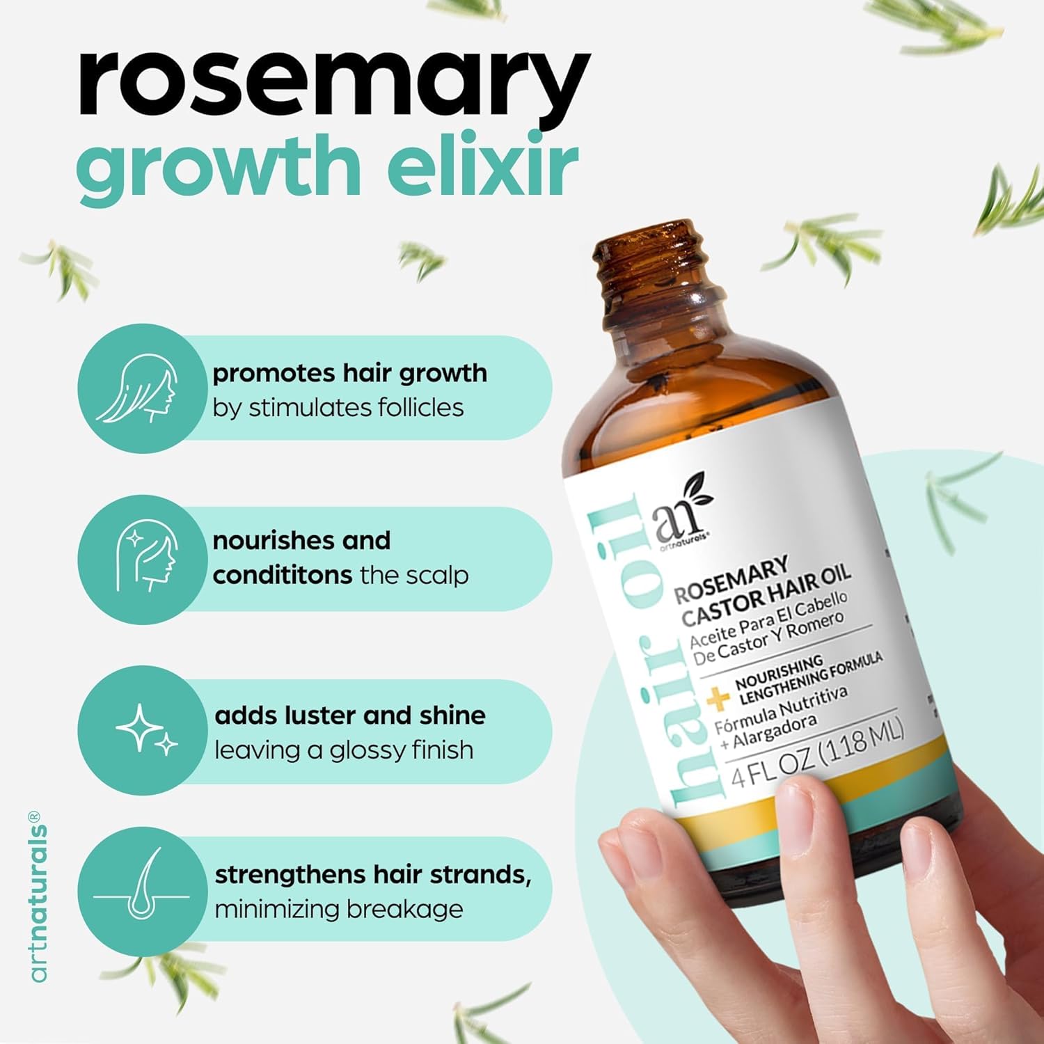 Organic Rosemary & Castor Hair Growth Oil + Scalp Massager Set – Hair Relaxer for Dry, Itchy Scalp, Thickening & Hydration - Scalp Oil Products for Damaged Hair & Split Ends – 4.0 Oz