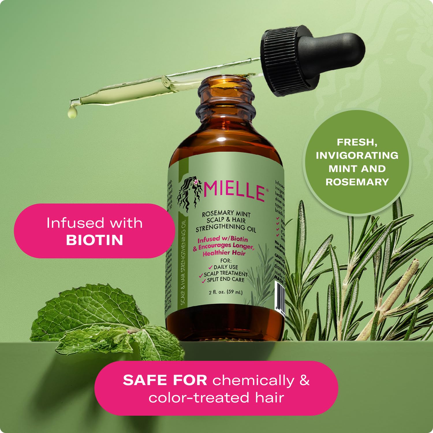 Rosemary & Mint Hair Oil, Split Ends & Dry Scalp Treatment - Made with Biotin & Essential Oils for Strengthening, Soothing, Moisturizing & Encouraging Longer, Healthier Hair (2 Fl Oz)