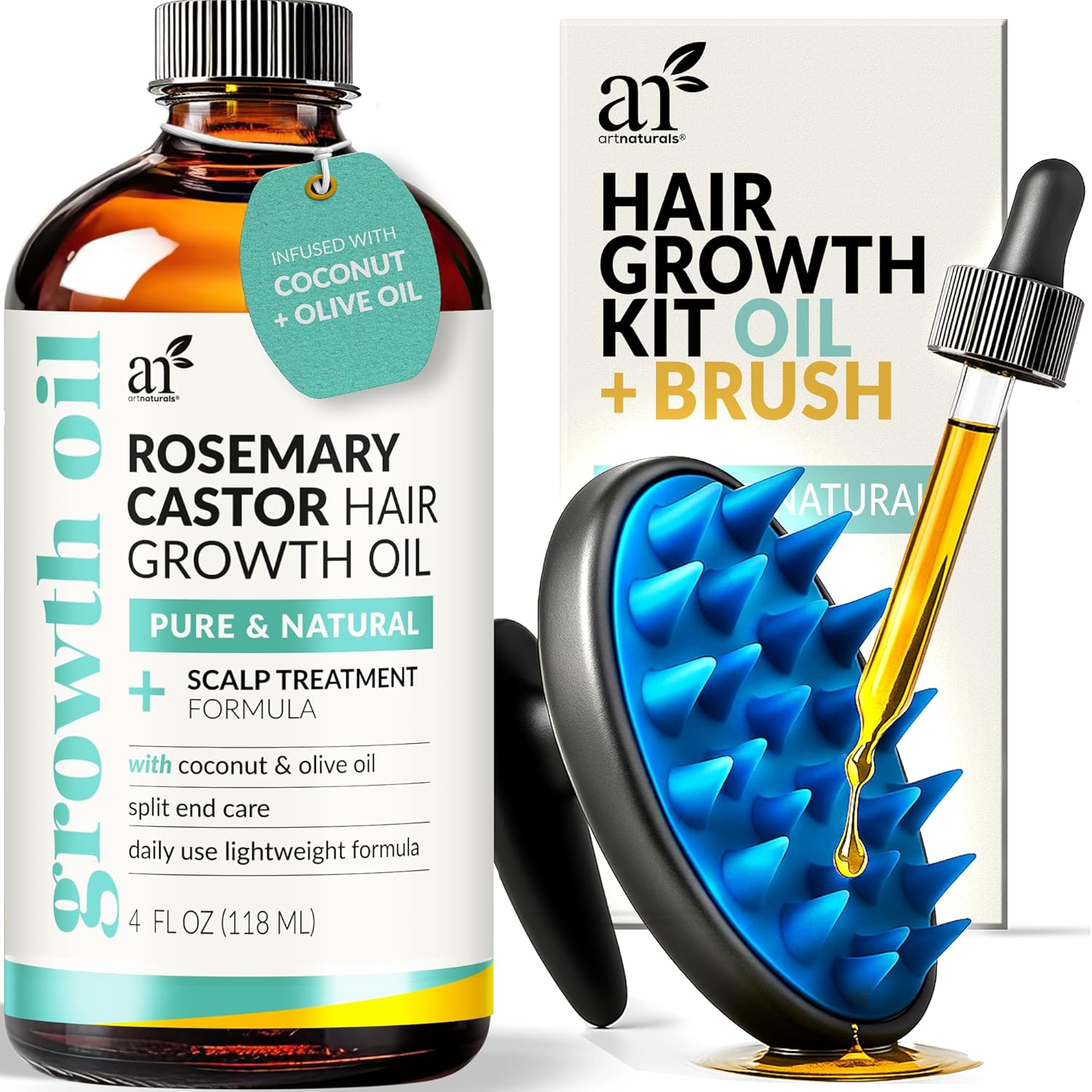 Organic Rosemary & Castor Hair Growth Oil + Scalp Massager Set – Hair Relaxer for Dry, Itchy Scalp, Thickening & Hydration - Scalp Oil Products for Damaged Hair & Split Ends – 4.0 Oz