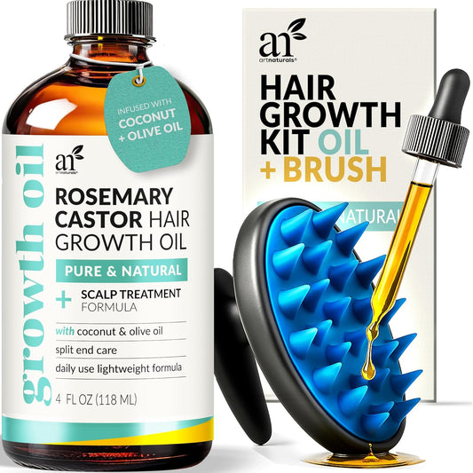 Organic Rosemary & Castor Hair Growth Oil + Scalp Massager Set – Hair Relaxer for Dry, Itchy Scalp, Thickening & Hydration - Scalp Oil Products for Damaged Hair & Split Ends – 4.0 Oz