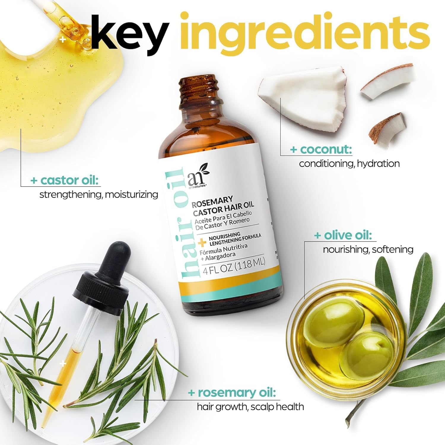 Organic Rosemary & Castor Hair Growth Oil + Scalp Massager Set – Hair Relaxer for Dry, Itchy Scalp, Thickening & Hydration - Scalp Oil Products for Damaged Hair & Split Ends – 4.0 Oz