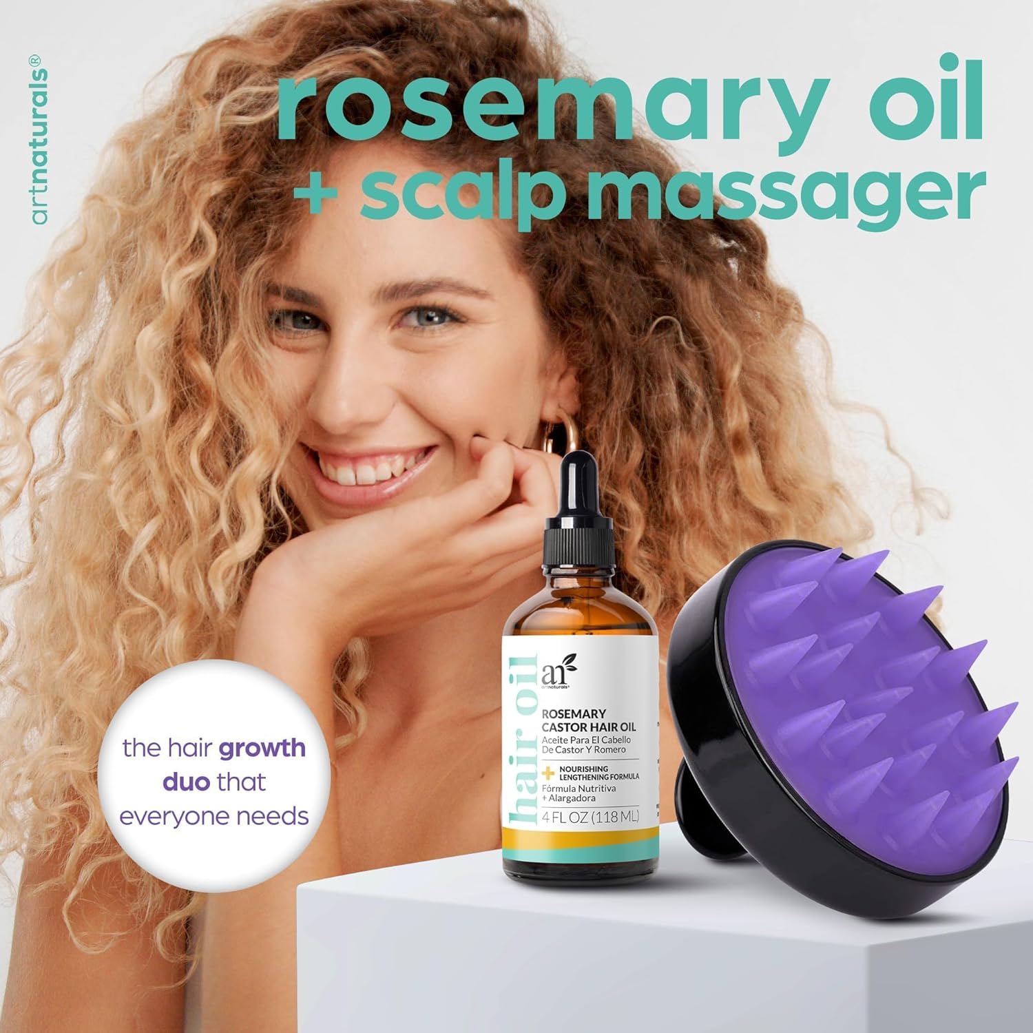 Organic Rosemary & Castor Hair Growth Oil + Scalp Massager Set – Hair Relaxer for Dry, Itchy Scalp, Thickening & Hydration - Scalp Oil Products for Damaged Hair & Split Ends – 4.0 Oz